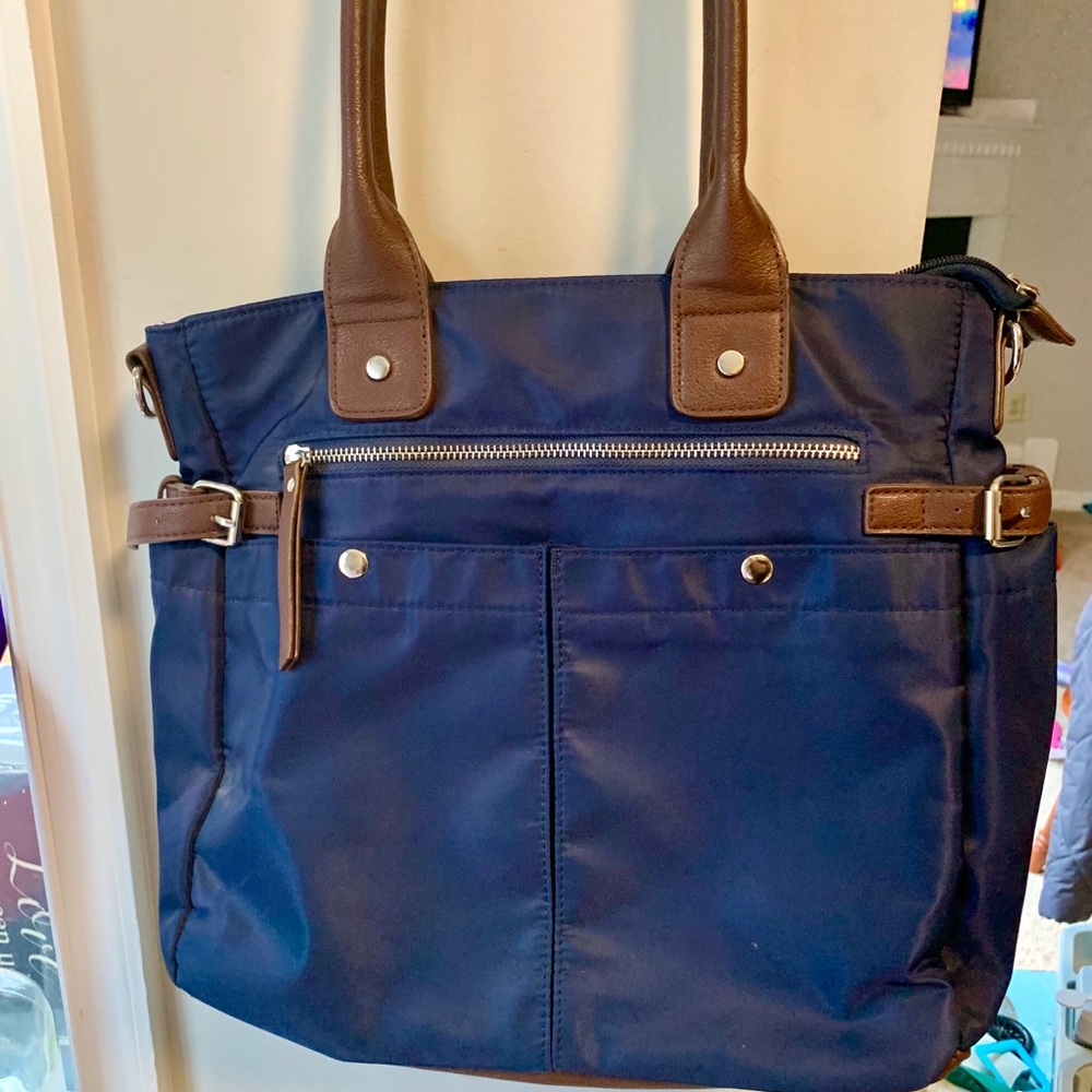 Navy blue and brown leather purse